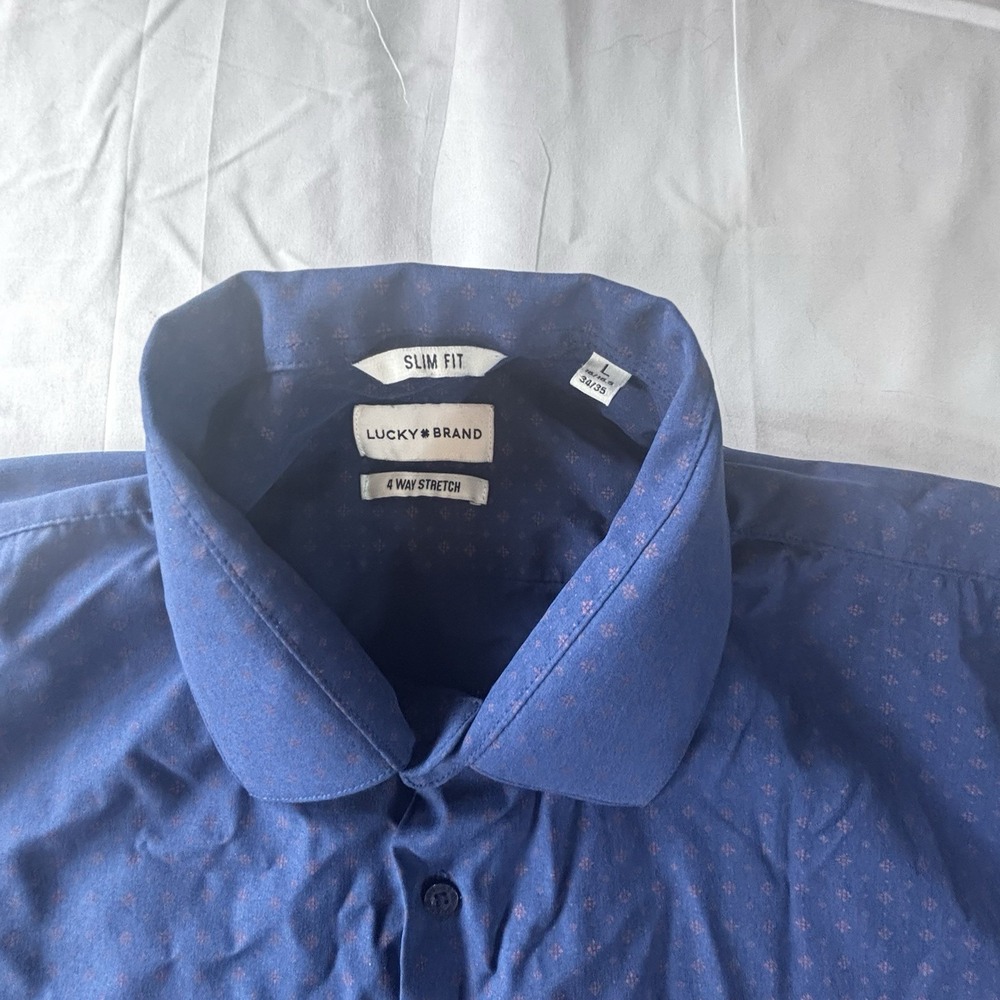 Lucky Brand 4 Way Stretch Slim Fit Dress Shirt Men Size Large Blue - Picture 5 of 13
